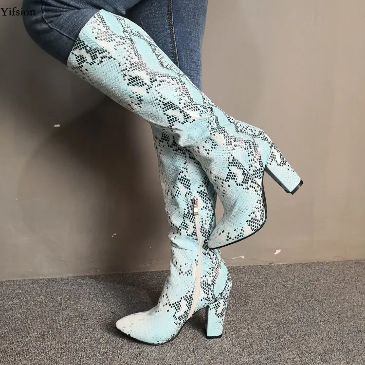 rontic 여성 무릎 높은 부츠 섹시한 광장 하이힐 부츠 뾰족한 발가락 우아한 파란색 뱀 캐주얼 신발 여성 플러스 미국 크기 5-15