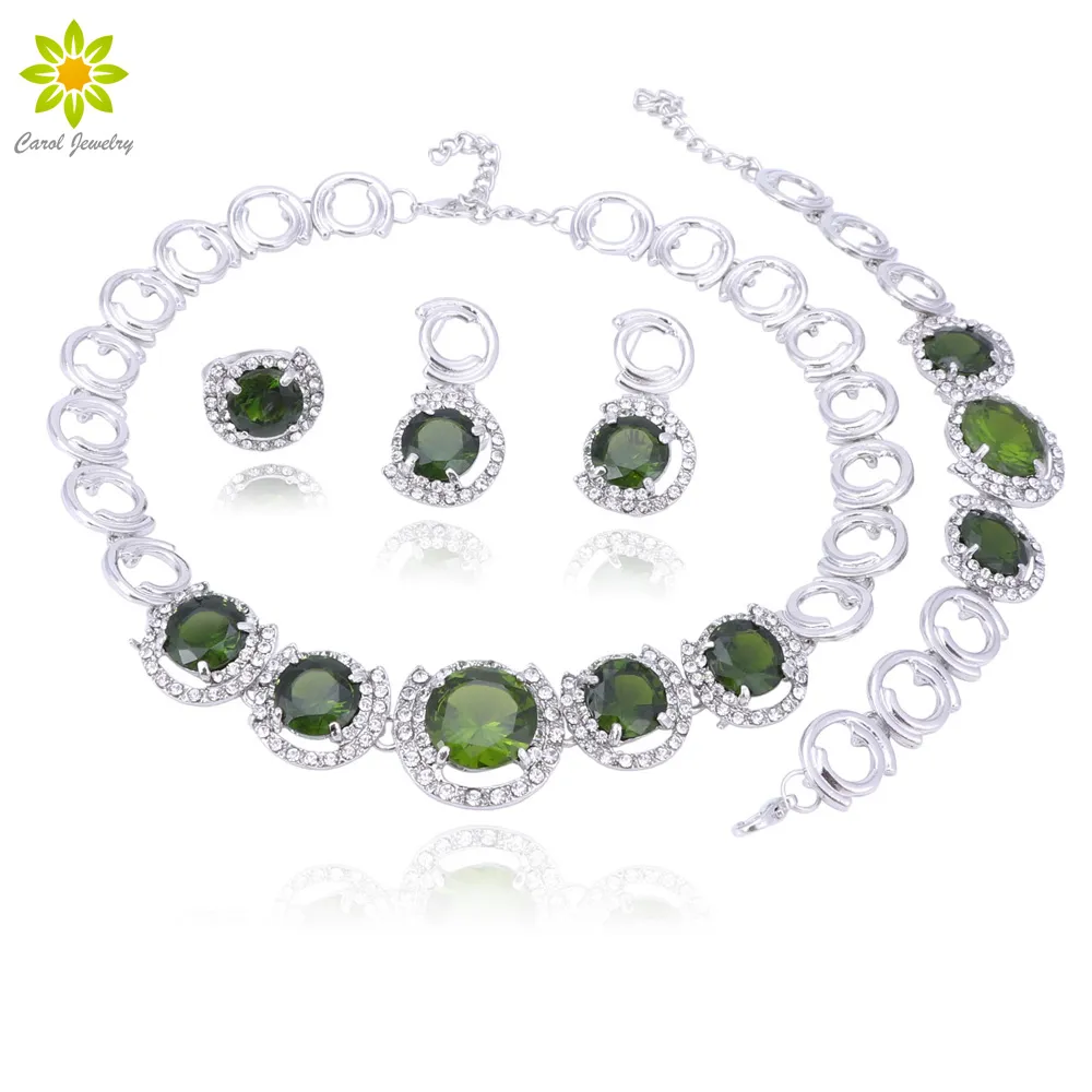 Set di gioielli da sposa con zirconi verdi, collana, orecchini, bracciale, colore argento, con regalo di compleanno