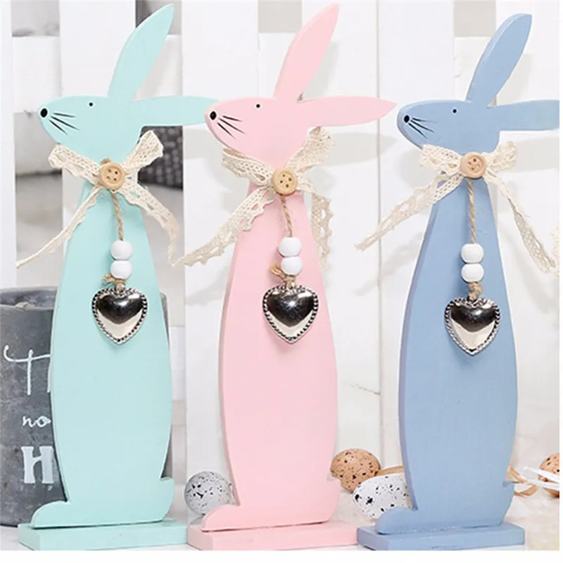 Wooden Bunny Ornament DIY Easter Day Bunny Exquisite Wooden Decoration Easter Blue Green Pink Rabbit Ornaments