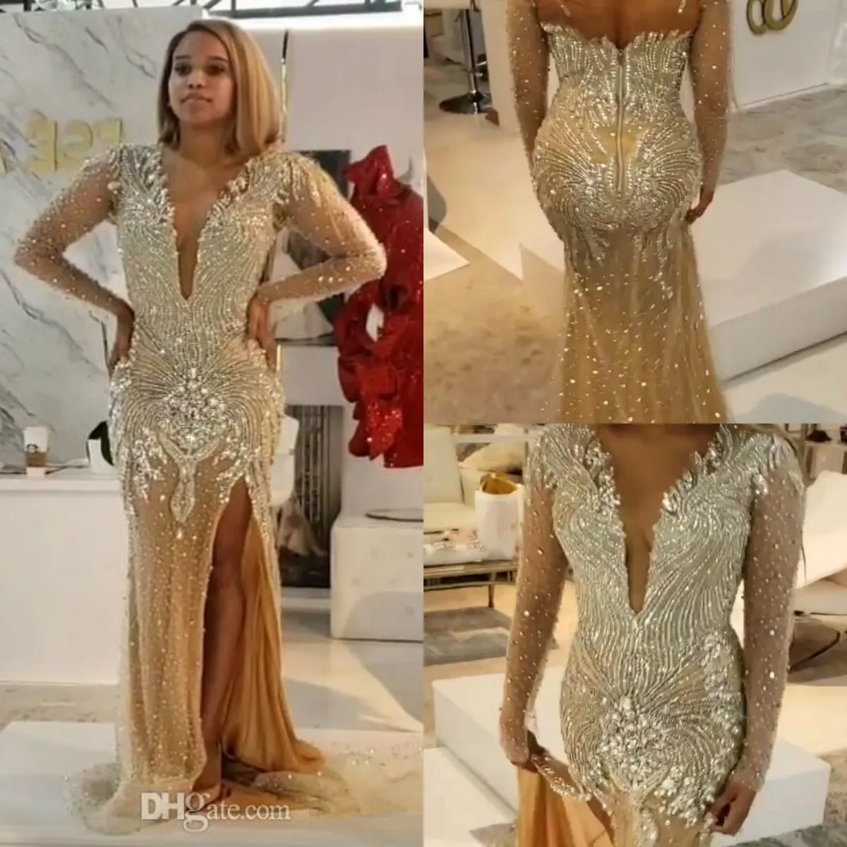 Luxury Beading Split Evening Dresses Arabic Gold Rhinestone Long Sleeve Sheer V neck Mermaid Prom Gowns Crystal Aso Ebi 2019 Pageant Dress