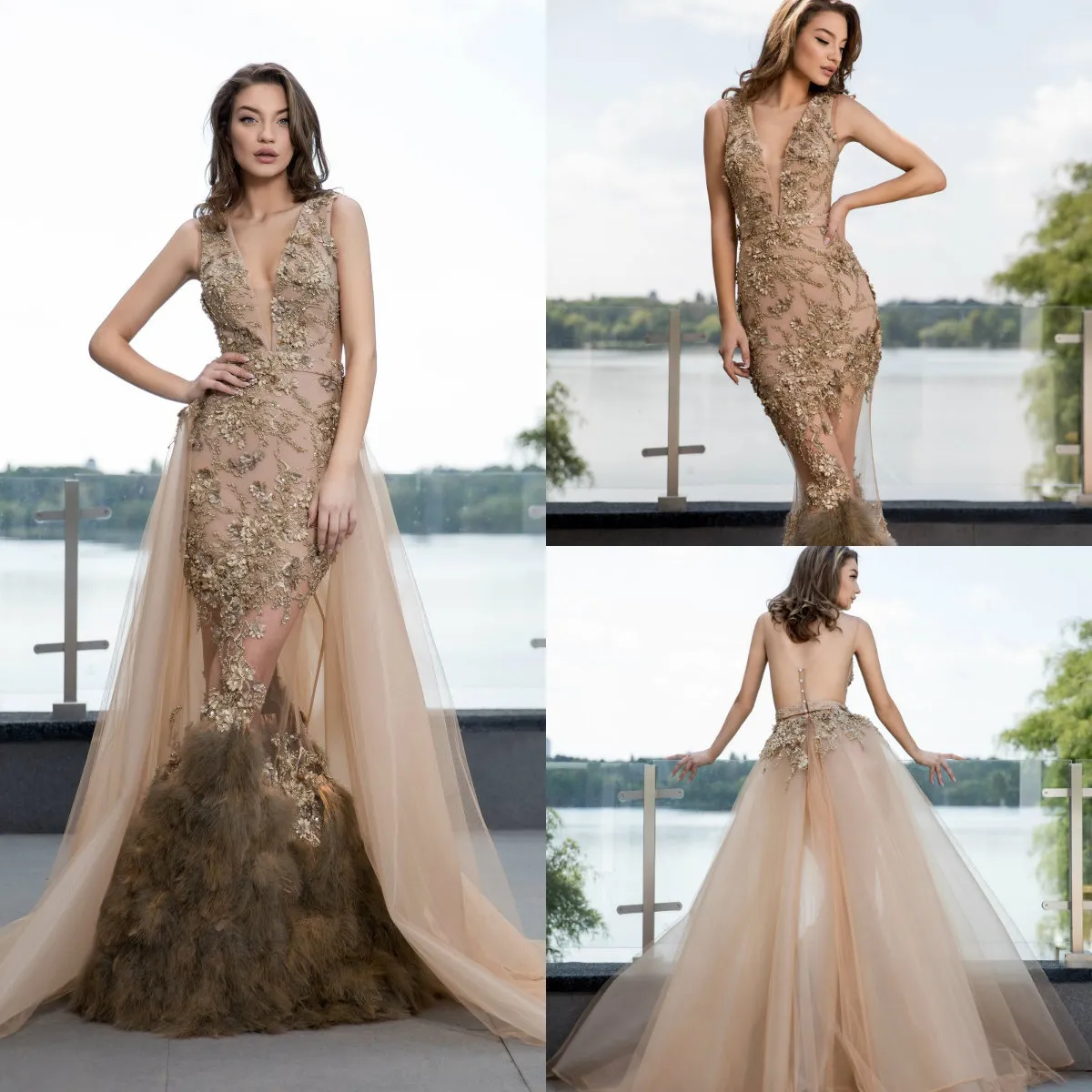 Champagner Meerjungfrau Ballkleider 2019 Spitze Perlen Appliziertes Fell Sexy V-Ausschnitt Abendkleider Maßgeschneidertes formelles Partykleid Mädchen Festzugskleid