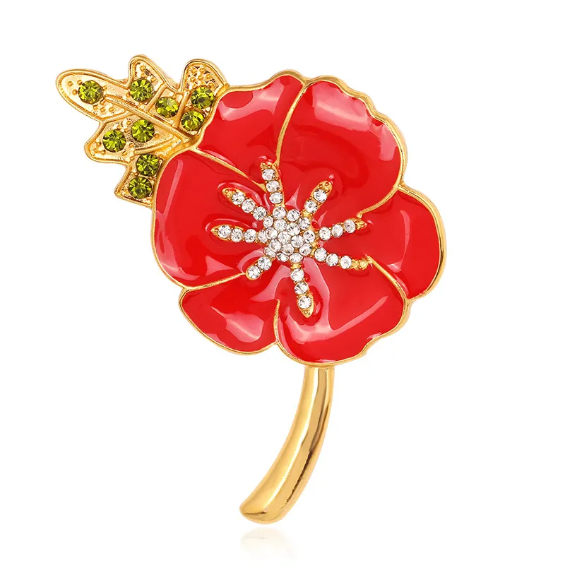 Poppy Flower Broche Event Feestartikelen Mode Rode Vorm Emaille Broche Rhinestone Leaf Collar Reving Badge Pin