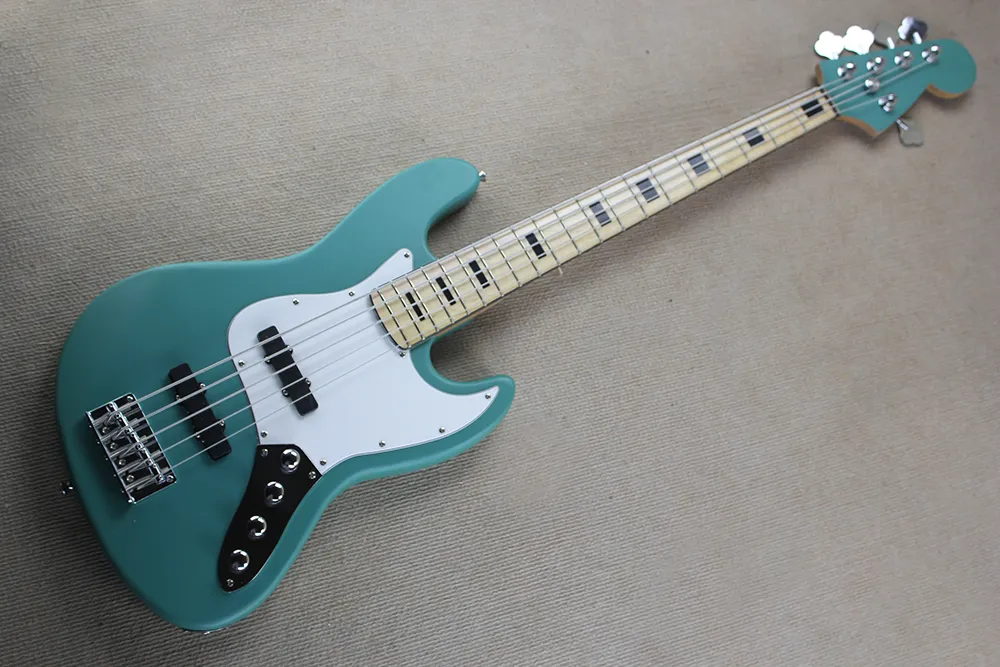 Guitare basse électrique à 5 cordes vert mat, personnalisée en usine, avec Pickguard blanc, incrustation de frettes en bloc noir, peut être personnalisée