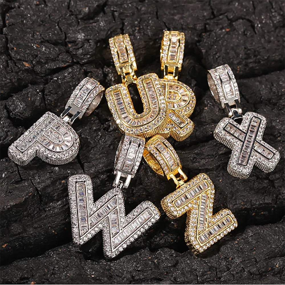 A-Z Baguette Letters Halsband Pendant Custom Name Charm Guld Silver Rose Gold Fashiom Hip Hop Initials Smycken Whosales med 3mm rep Cha