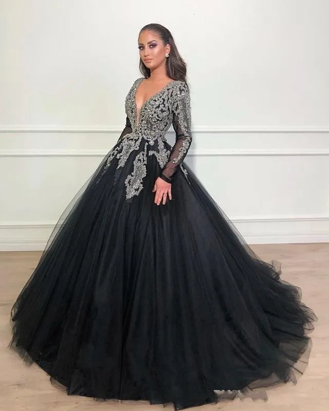 Robe de bal noire perlée avec des appliques, Sexy, décolleté en V profond, manches longues, Tulle, longueur au sol, ligne A, robe de soirée, grande taille