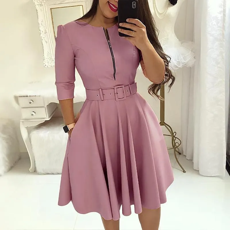 Femmes O Cou Demi Manches Élégant Tunique Robe De Soirée Femme Fermeture Éclair Robes Plissées Casual Bureau Travail Lady Vintage Robe Robe Avec Ceinture