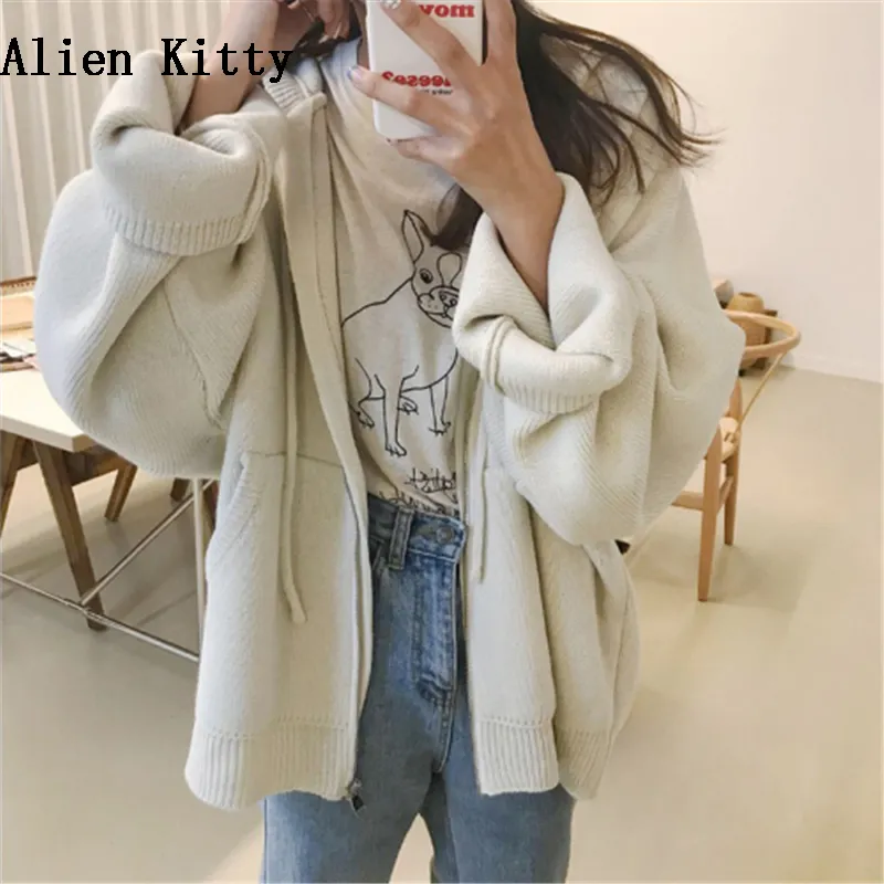 Alien Kitty Women Autumn Full Sleeve Knitte Jacket 2018 Ladies Elegant Solid Hooded Thicken Loose Jackets Coat Casacos Feminino