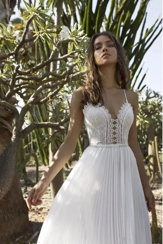 Asaf Dadush 2019 Abiti da sposa da giardino Una linea di perline Abiti da sposa in chiffon senza schienale Boho Abito da sposa in tulle di pizzo vestido de noiva 206L