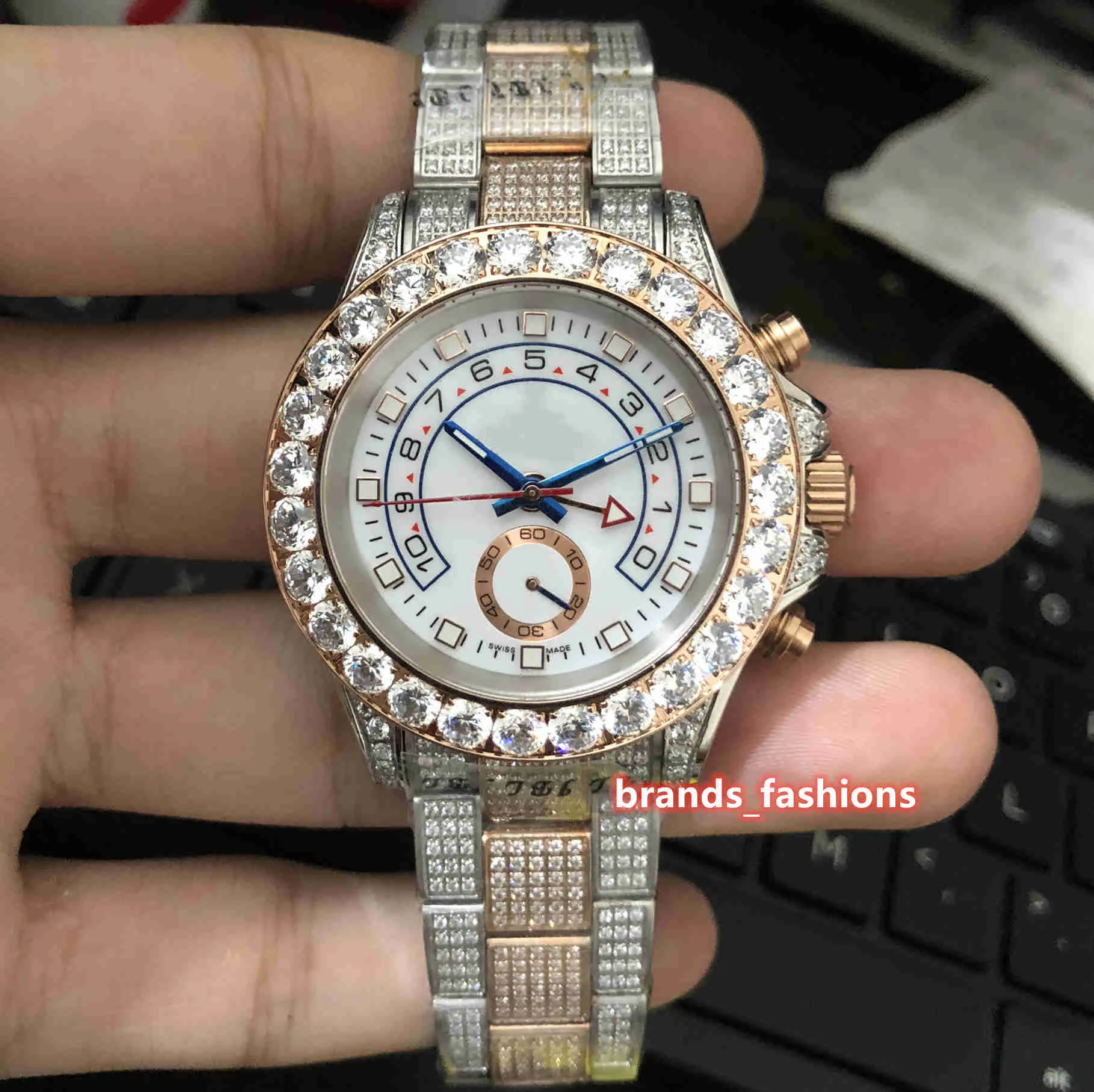 Beautiful Men's Diamond Watches Large Diamond Bezel Stainless Steel Shell Watch Bi-rose Gold Strap Automatic Mechanical Wrist274R