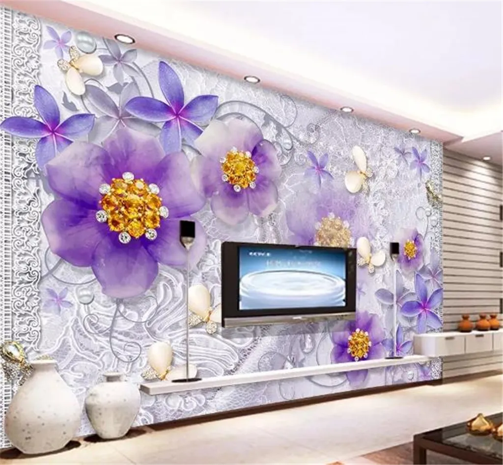 Foto Bakgrund 3d Noble Ornate Lila European Flower 3D Living Room TV Bakgrund Bundet Väggmålning Bakgrund