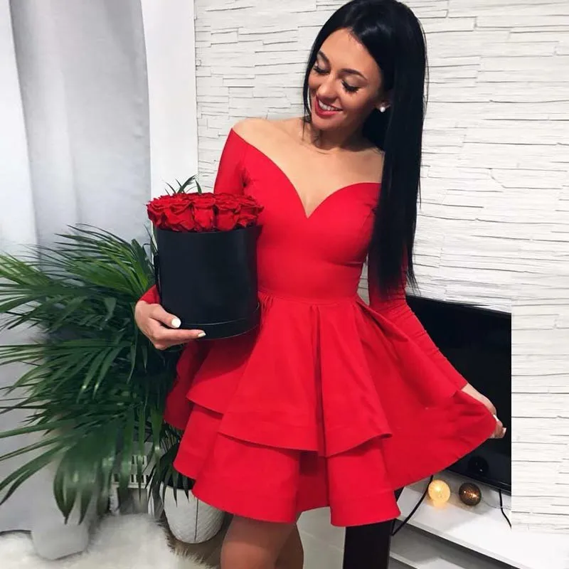 Long sleeve sales red homecoming dress
