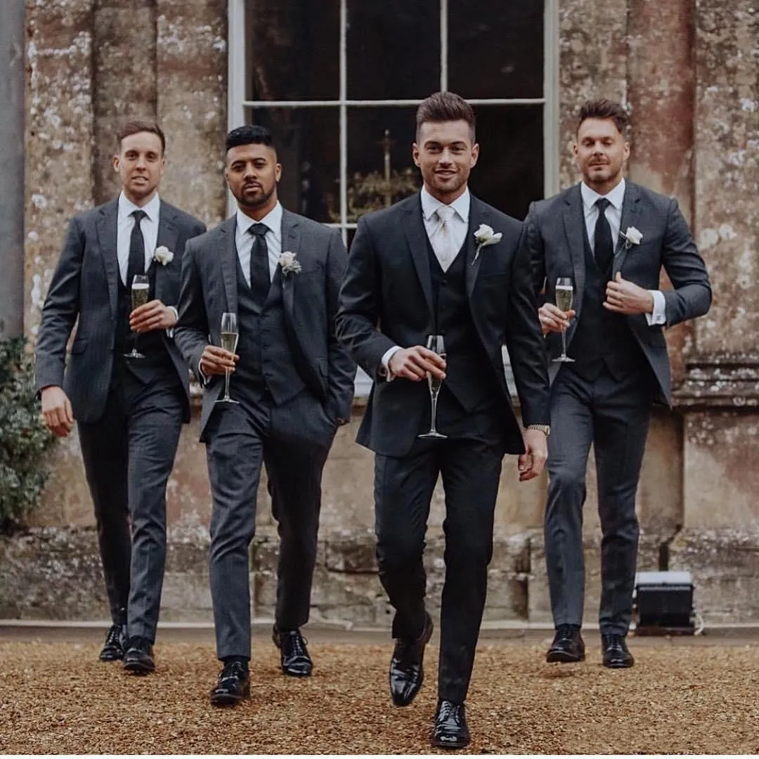 Dark Grey Mens Wedding Suit Set Includes Jacket, Black Formal Pants, Vest,  And Tie Best Selling Groomsmen Tuxedo And Collective Group Blazers Style  461 From Coolman168, $75.38