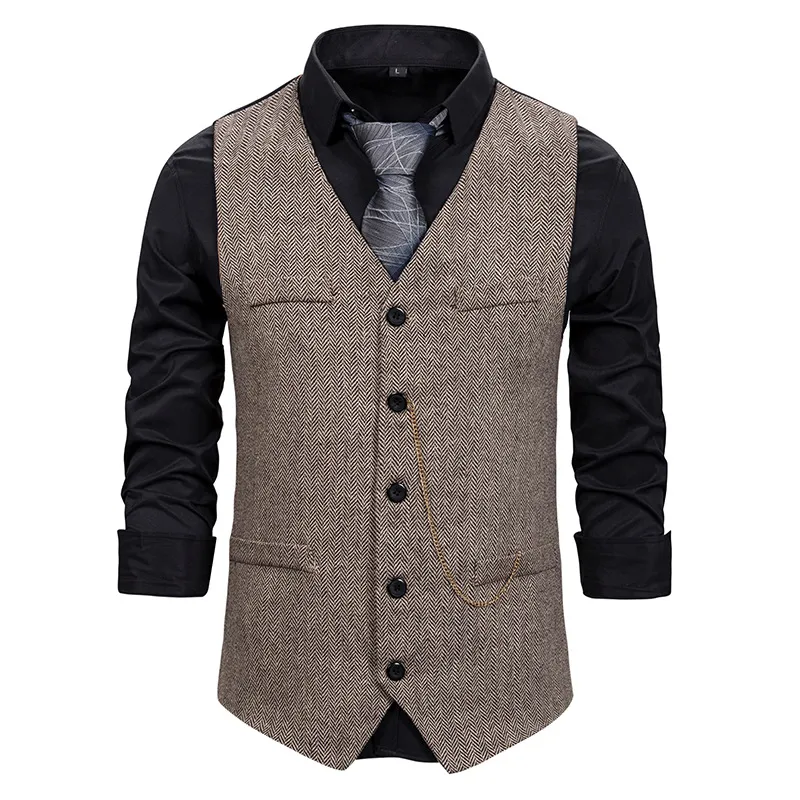 Mens Vests Fashion Herringbone Tweed Vest Men Gilet Costume Homme
