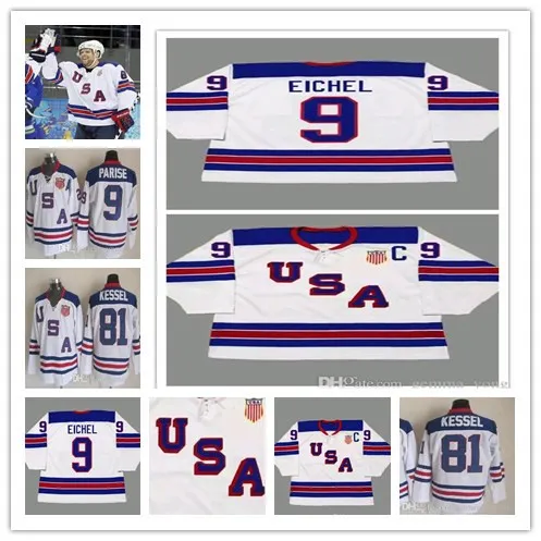 Embroideried Goedkope mannen Aangepaste 2014 USA Retro Vintage Hockey Jerseys 9 JACK EICHEL Alle Gestikte Sport Uniformen Hoge Kwaliteit