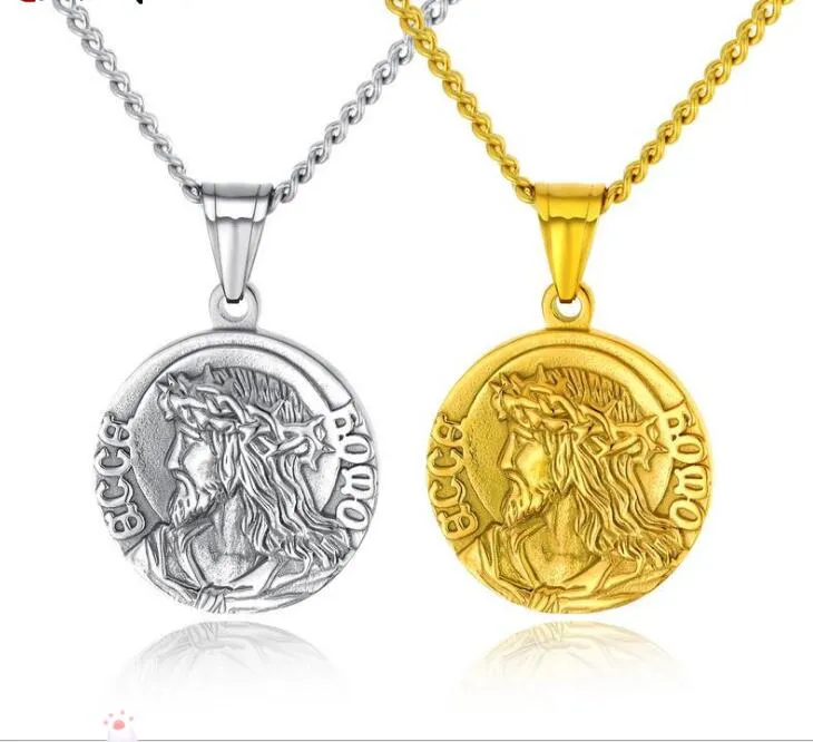 Rvs Virgin Mary Hangers Ketting met Gouden Zilveren Ketting voor Mannen Ronde Munt Jesus Christ Sieraden Groothandel