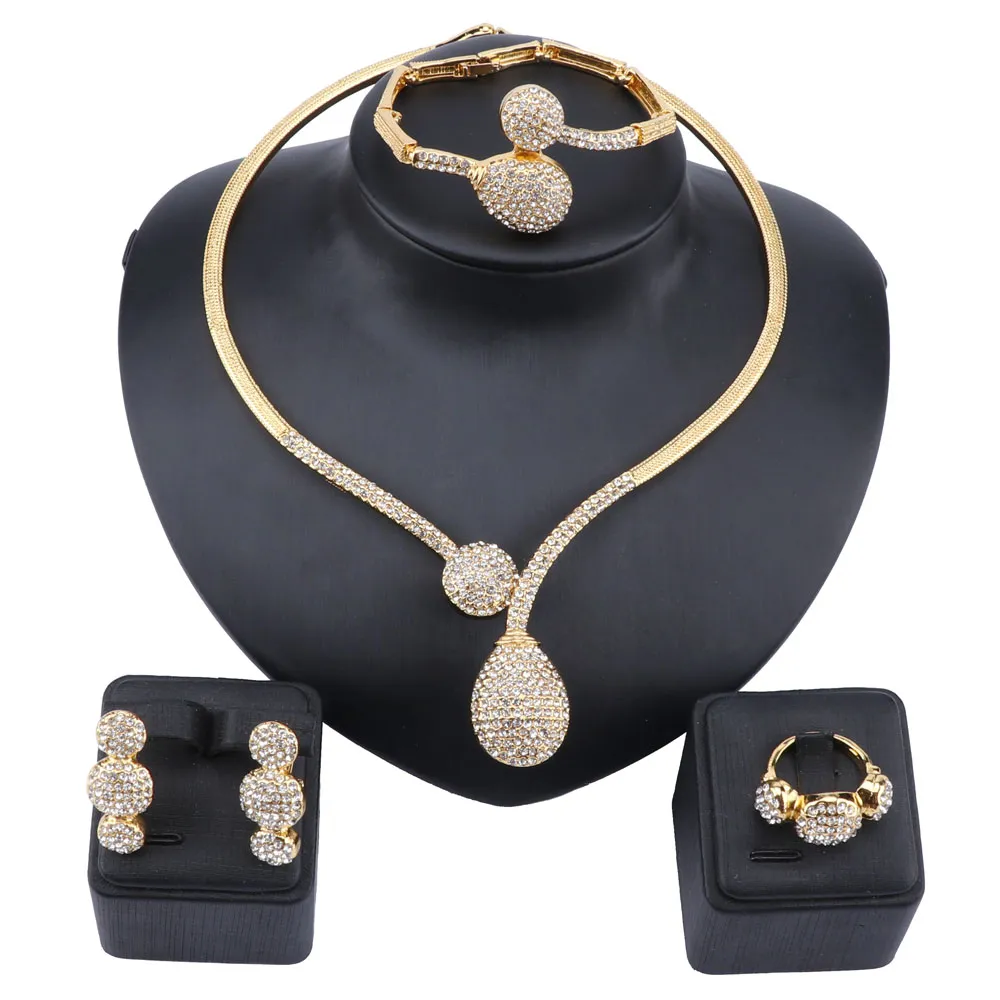 Dubai Crystal Jewelry Sets Classic Water Drop Shape Necklace Bracelet Earrings Ring for Women Wedding Bride Jewelry Set