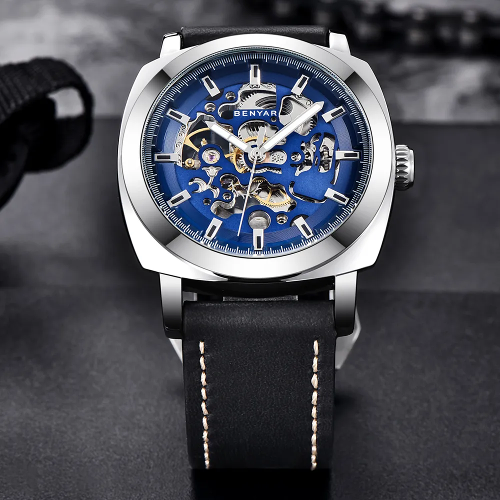 Benyar Mens horloges set reloj hombre topmerk automatisch mechanisch waterdicht lederen sport horloge mannen relogio masculino horloge chronogra