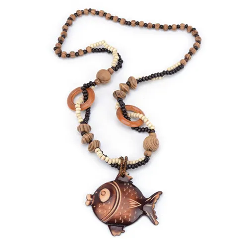 Wholesale Ethnic Style Wood Engraved Cute Fish Shape Pendant Handmade Weave Rope Chain Necklace