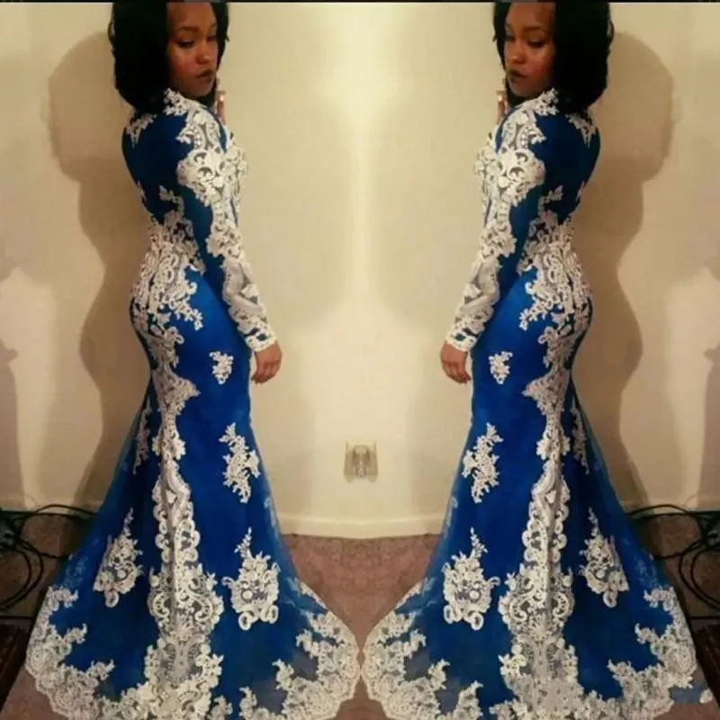 Royal Blue White Lace Элегантные вечерние вечерние платья 2019 с длинным рукавом Аппликация Jewel Специальный Случай Женщины вечера платья выпускного вечера платья Платье