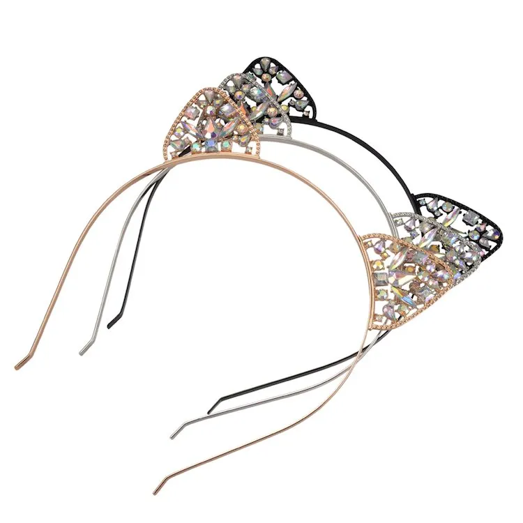Hair Accessories Cat Ear Headband For Kids And Adult 3 Colors Head Hoop Rhinestones Metal Hairband Christmas Gift