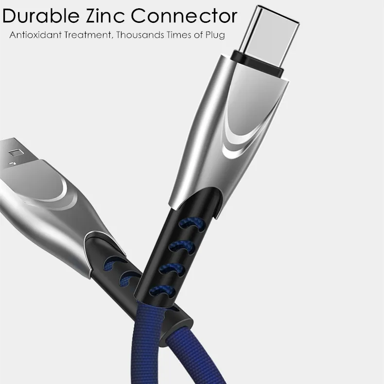 Neue Zink Typ C USB -Kabel 3A schnelles Laden USBC Cord Flat Nylon Micro USB -Kabel -Ladegerät für Android -Telefone Huawei Xiaomi