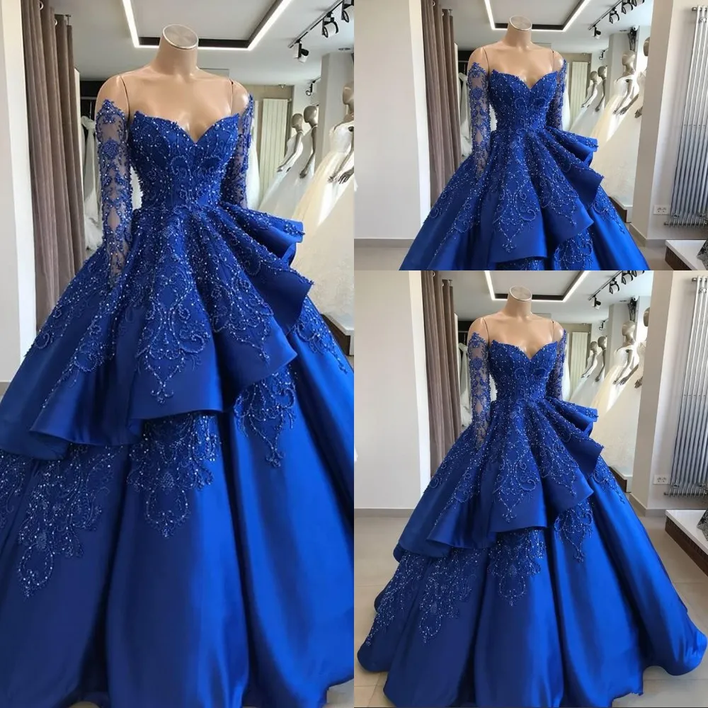 Neue königsblaue Quinceanera-Kleider, herzförmige Applikationen, Kristallperlen, lange Ärmel, Sweet 16, bodenlang, Ballkleid, Party, Abschlussball, Abendkleider