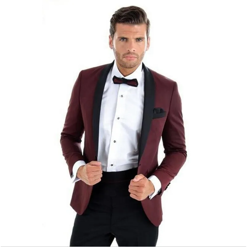 Burgundy Mens Bröllop Tuxedos Svart Lapel Groom Groomsmen Tuxedos Populära Man Blazers Jacka Excellent 2 Piece Suit (Jacka + Byxor + Tie) 1299