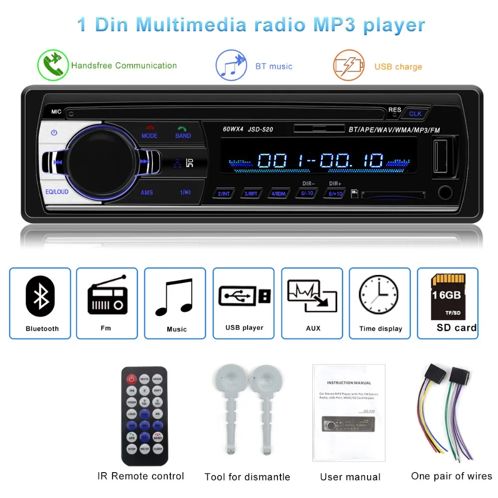 AutoRadio JSD-520 Auto Estéreo 1 Din Rádio 12V Bluetooth V2.0 FM AUX Entrada Receptor Audio Audio SD USB MP3 MP3 MMC WMA JSD 520