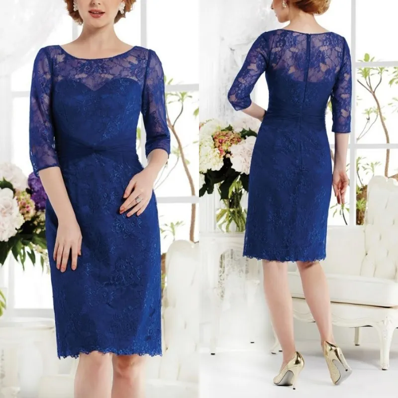 Chic 2019 mère de la mariée robes courtes encolure dégagée manches mi-longues bleu Royal dentelle genou longueur robes de Cocktail