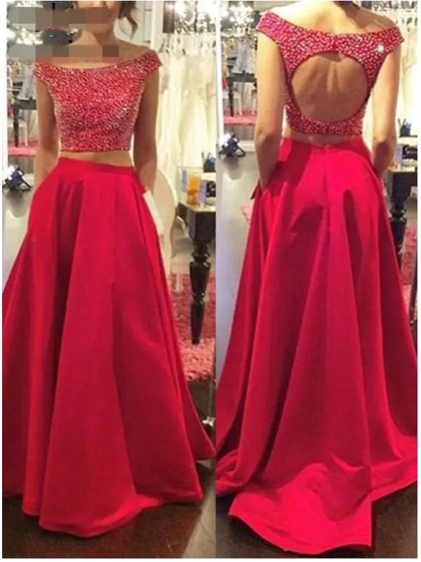 Två stycken röd sexig plusstorlek kvällsklänningar Beaded Rode Satin Prom Klänning A-Line Backless Floor Leng Off Shoulder Klänning med Pocket Custom