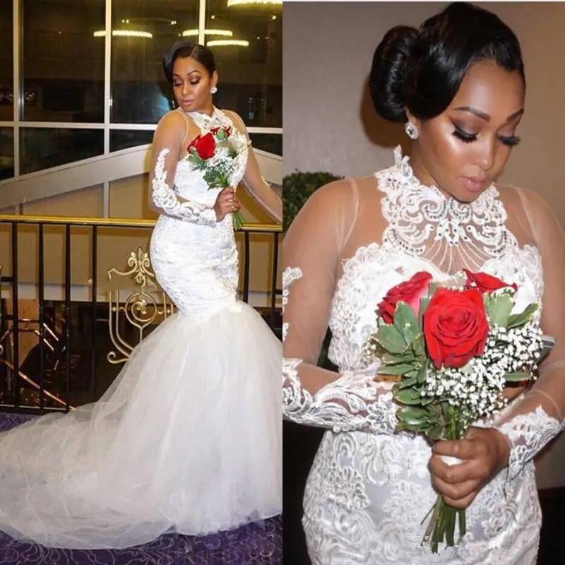 Plus Size Nigerian Wedding Dresses With Lace Appliques Illusion Long