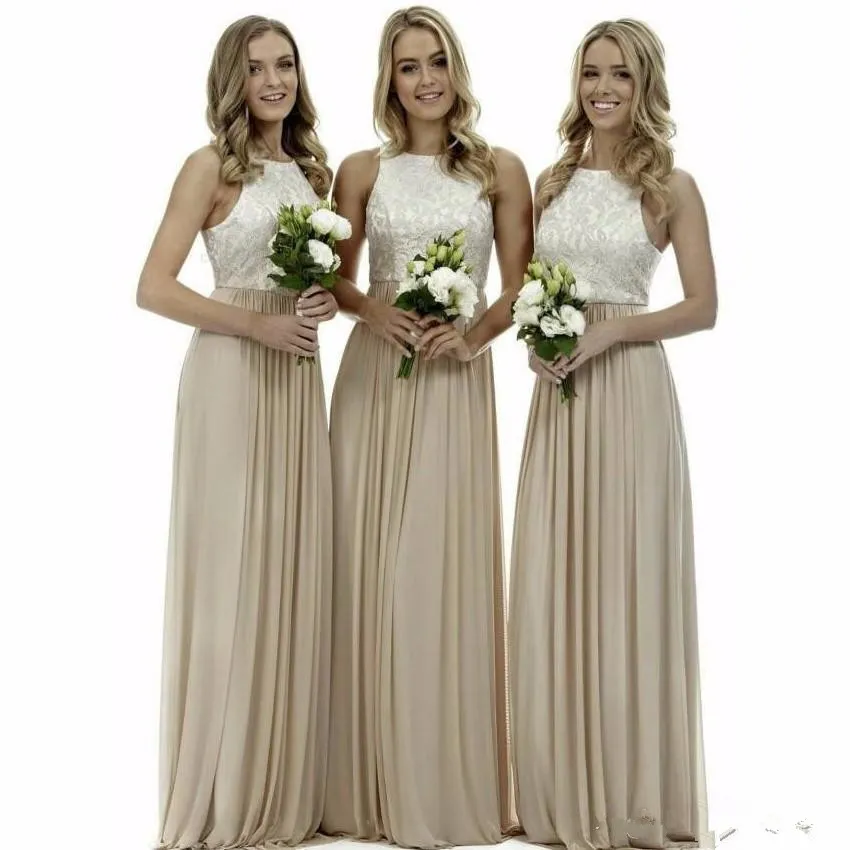 Eleganta Simple Long Bridesmaids Dress 2020 Ny Jewel Chiffon En Linje Bröllop Gästklänning För Party Vestido de Festa