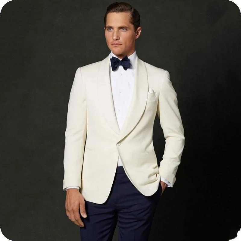 Senaste Design One Button Ivory Groom Tuxedos Sjal Lapel Män Passar 2 stycken Bröllop / Prom / Dinner Blazer (Jacka + Byxor + Tie) W712