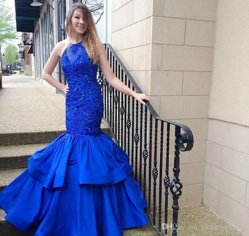 2019 Blauw Kleur Juweel Mouwloze Avondjurk Mermaid Ruche Tiered Lange Formele Holiday Wear Prom Party Town Custom Made Plus Size