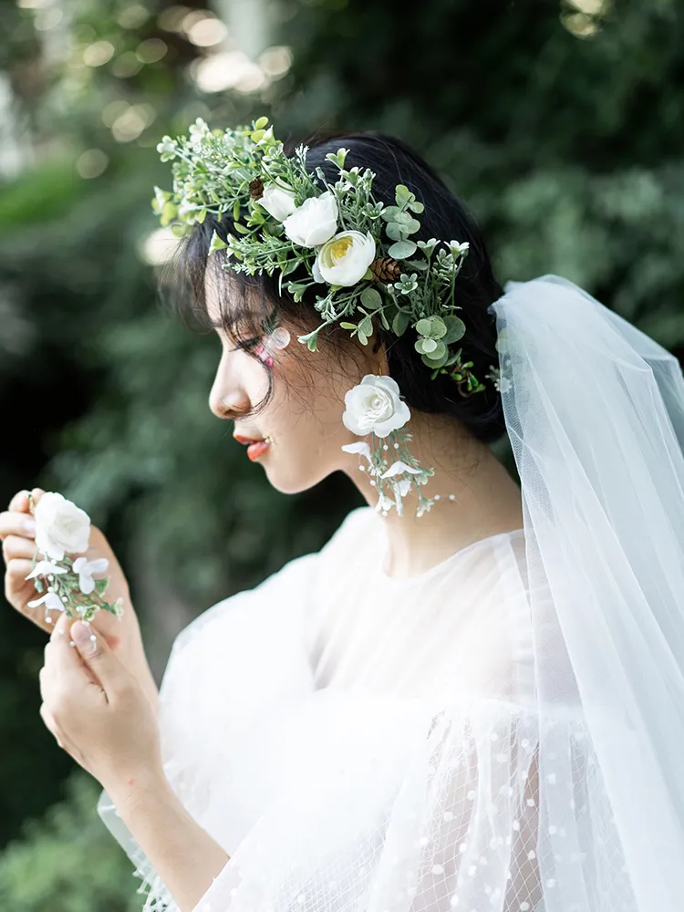 Bride Pine Cone Wreath Earring Hand Flower Boutonniere Comb  display picture 3