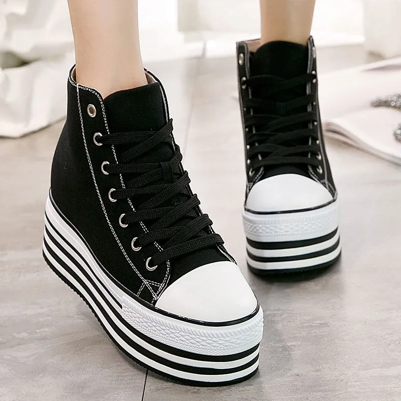 Canvas Vulcanized Wedges Shoes High-top Woman Platform Sneakers Shoes Hidden Heel Height Increasing Casual Flats B083802113273