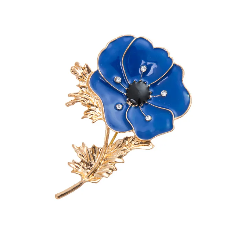 Retro Poppy Flower Crystal Brosch Badge För Kvinnor Tjej Passar Boutonniere Kläder Bröllop Pins Emalj Smycken Tillbehör