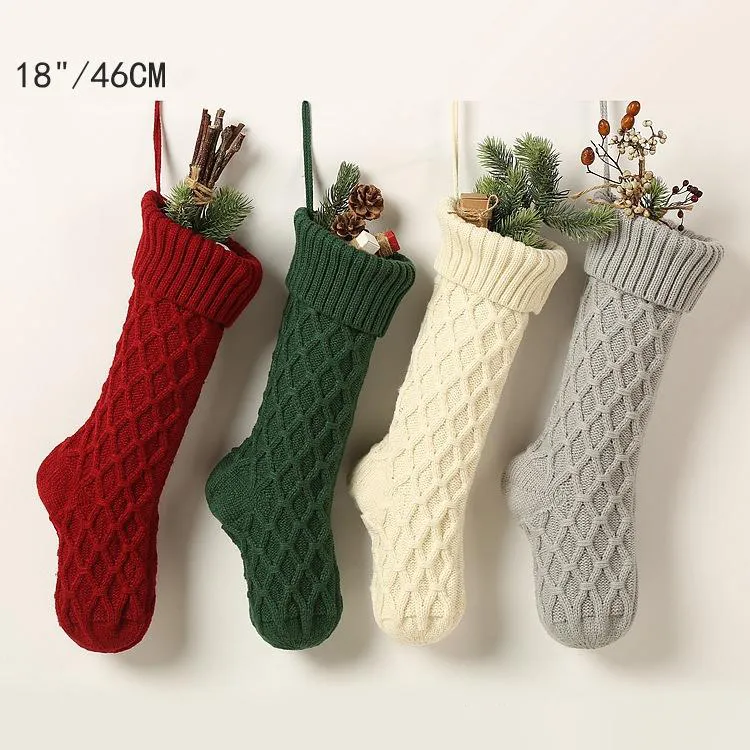 4 Colors Family Knitting wool Christmas Stockings Soild Color Personalized Stocking Large Capacity Gift Bag Xmas Decorations XD22555