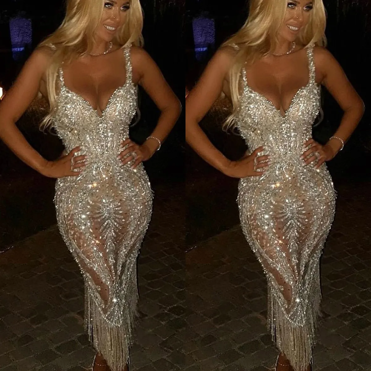 Sparkly 2020 Prom Dresses Sequined Tassel V Neck Ankle Length Evening Gowns Luxury Crystal Formal Wear