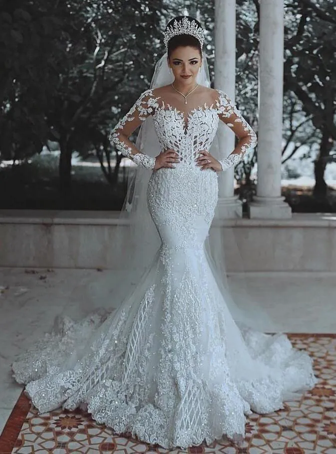 Mermaid Wedding Dresses for Girls Women Sheath Long Sleeves Bride Bridal Gowns Lace Appliques Beach Scoop Neck Customize Made Plus216f