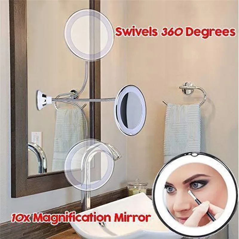 Espejo de maquillaje con aumento de 10 aumentos, espejo de tocador con  cuello de cisne flexible con luz LED con ventosa de bloqueo de energía para  el