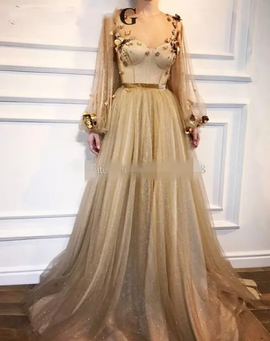 Modisches, goldenes, langes Vintage-Abschlussballkleid mit Juliet-Ärmeln, Organza, transparenter Ausschnitt, 3D-Blumenapplikationen, für formelle Anlässe, 2019, Abendpartykleid