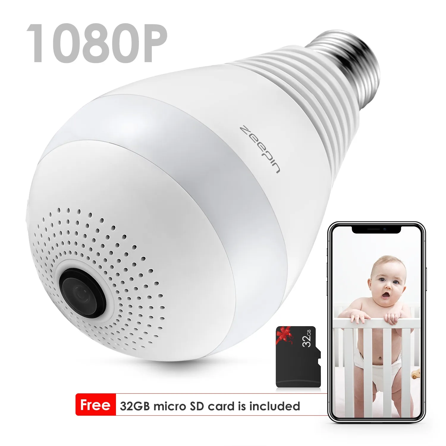 ZEEPIN 2AKWJ FVRF3602 WiFi Light Bulb Camera HD Webcam With 32GB