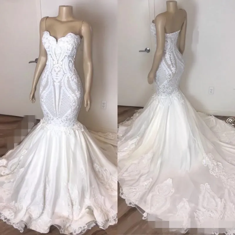 Luksusowa Koronkowa Aplikacja Syrenka Suknie Ślubne Sweetheart Dekolt Przegrzebkowy Sweep Pociąg Satynowy Tulle Cekiny Niestandardowe Made Wedding Bridal Suknia