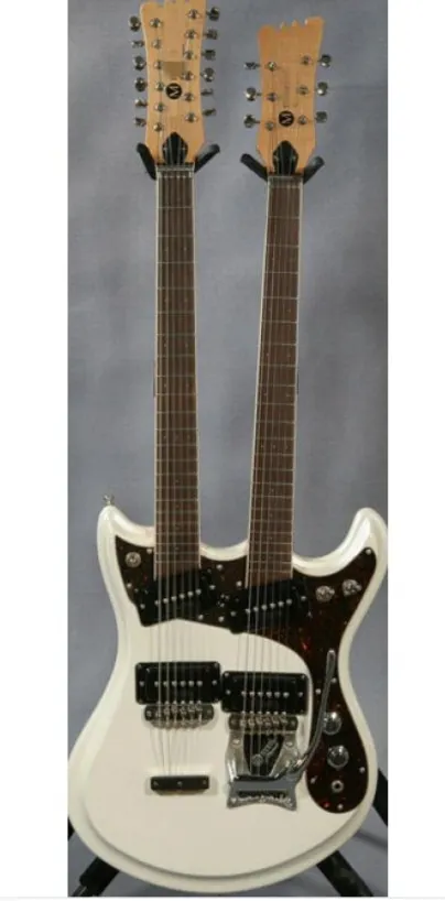 Mark 1 12 Strings 6 Struny Podwójne Neck White Electric Guitar, Duży Tremolo Tailpiece, Black P90 Pickups, tunery vintage