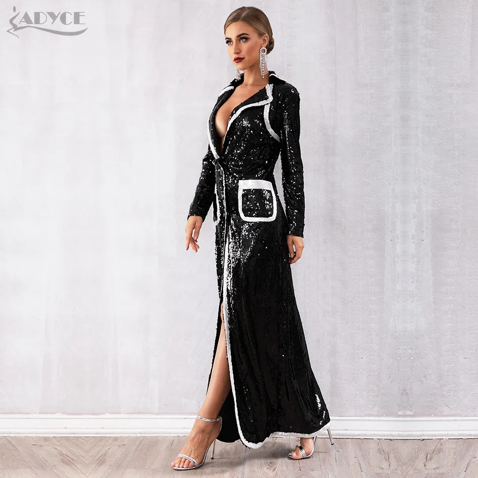 Atacado-Adyce 2019 New Spring Women Noite Party Coats Black Lantejoulas Long Manga Longa Dupla Breasted V Club Club Casaco Luxo Trench Coats