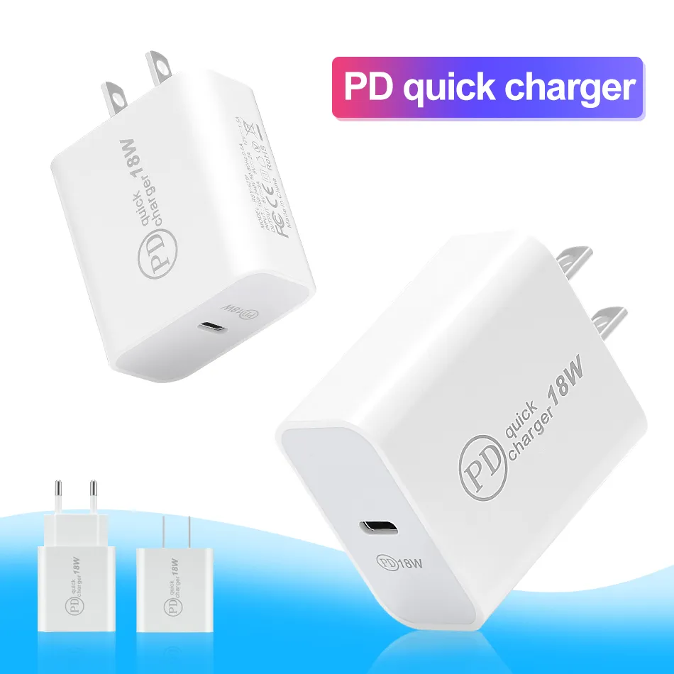 Caricabatterie da parete USB C 18W PD Charger Quick Charger 3.0 Tipo C USA UE Plug Adattatore di alimentazione rapida per 12 Pro Max 11 Pro con borsa opp