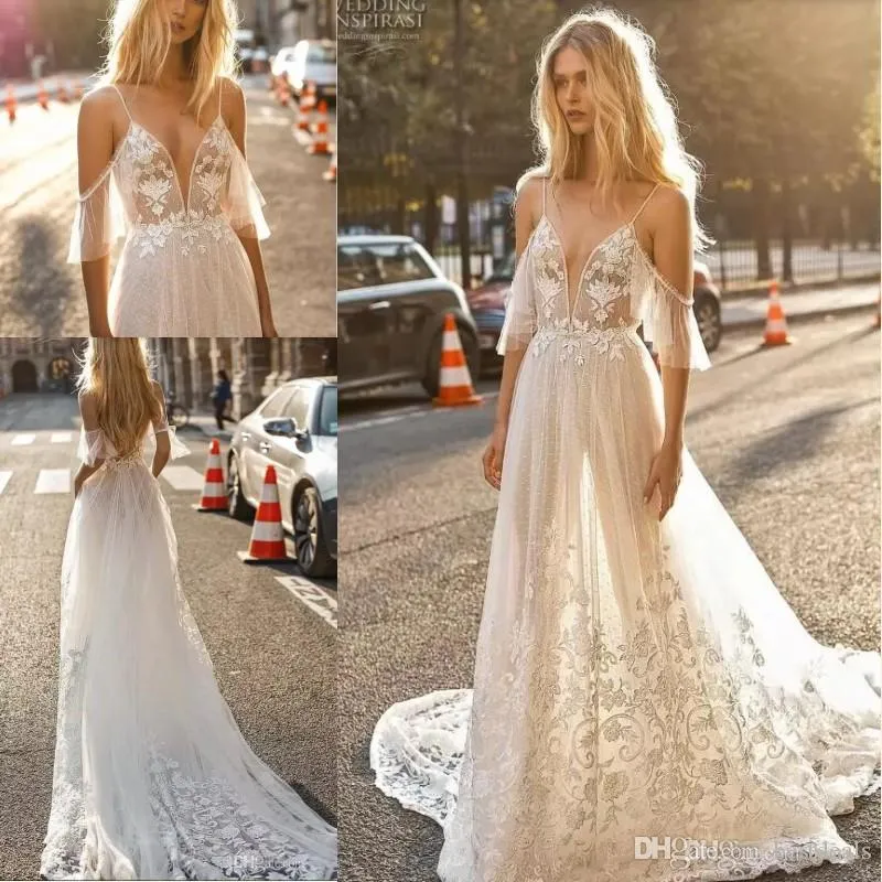 Ny Gali Karten En Linje Bröllopsklänning Spaghetti Lace Appliques Illusion Sexig Boho Bröllopsklänningar Pärlor Backless Bridal Gowns Custom Made