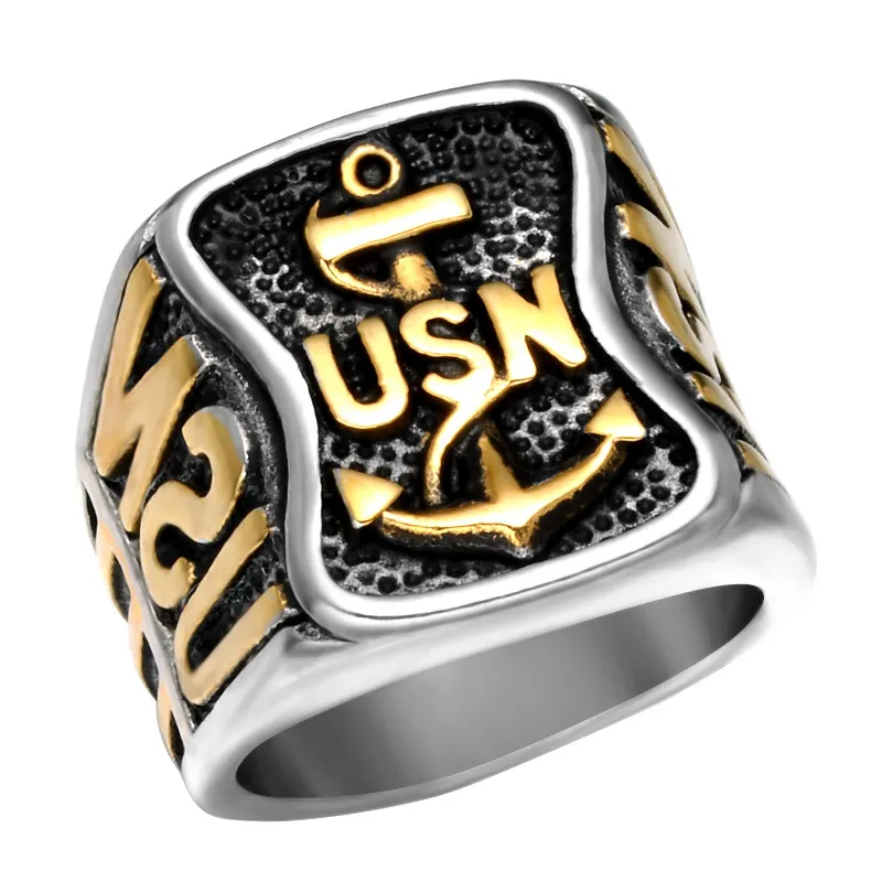 Ufficiali in acciaio inossidabile di alta qualità Anello della Marina degli Stati Uniti degli Stati Uniti Anello militare USN in oro argento retrò con ancoraggio gioiello Regalo di gioielli da uomo