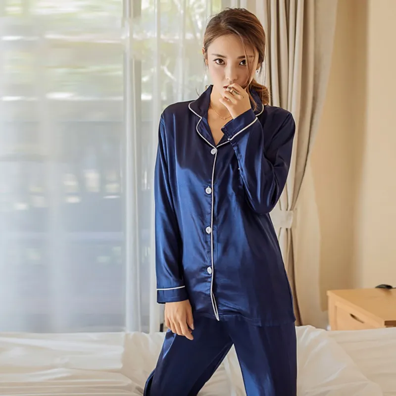 Mulheres Pijamas Seda Pijama Manga Comprida Casa Homewear Pijama